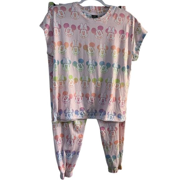 C8 Disney Mickey Minnie Mouse 2 piece jogger pink patterned pajamas L 12/14 NWOT - Picture 7 of 12